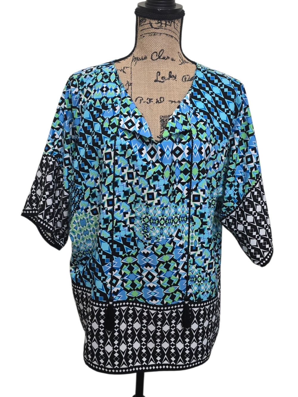 Ruby Rd Blue Geometric V-Neck